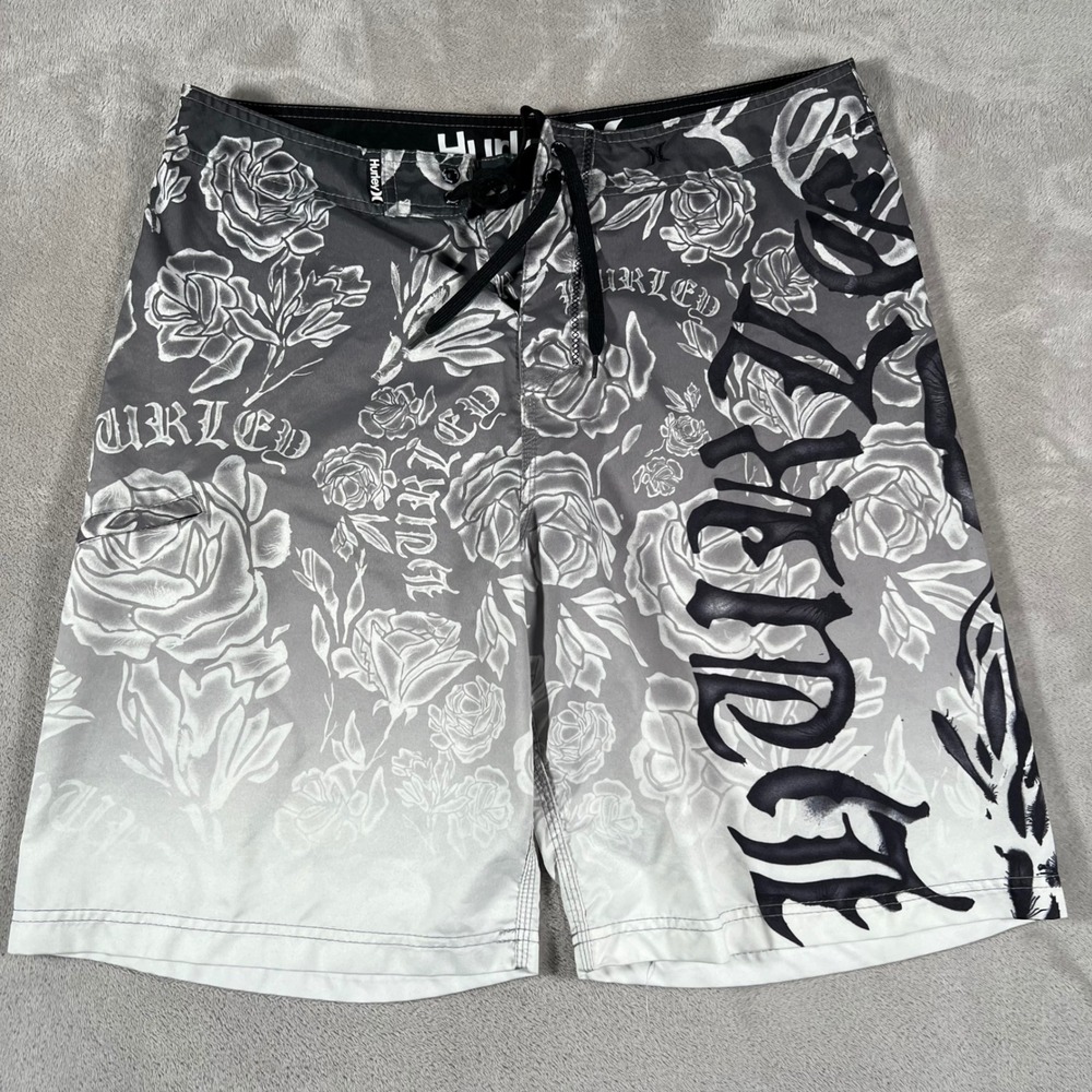 Vintage Y2K Hurley Board Shorts Mens Size 34 Gray Rose Floral Gothic Grunge Logo